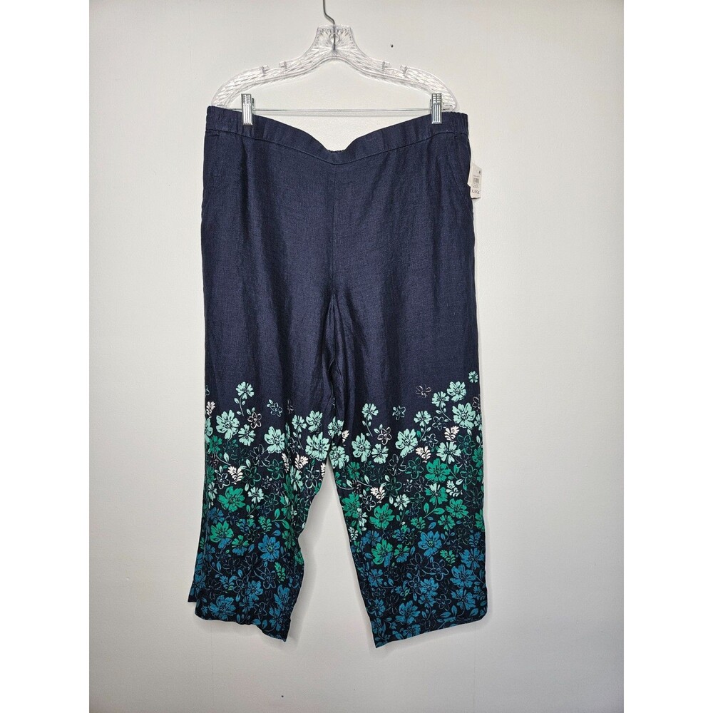 CHARTER CLUB Luxury 100% Linen Pull On Pants Womens XL Blue Floral Crop Wide Leg